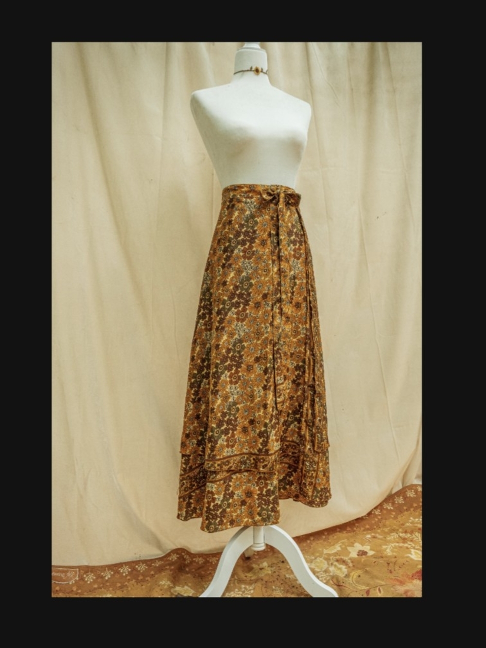 Bohemian Floral Wrap Maxi Skirt in Golden Brown